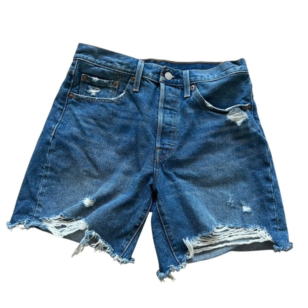 Levi's 501 High Rise Shorts 27 Denim Distressed Blue Raw Hem Summer Retro